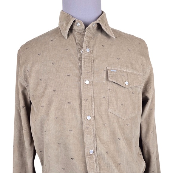 CRIQUET- Mens Large Corduroy Pearl Snap Long Sleeve Patterned Shirt- Sand Tan - Picture 1 of 7